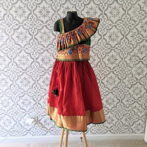 Red & Green Silk Indian Traditional Skirt & Blouse / Indian Ethnic Kids Dresses